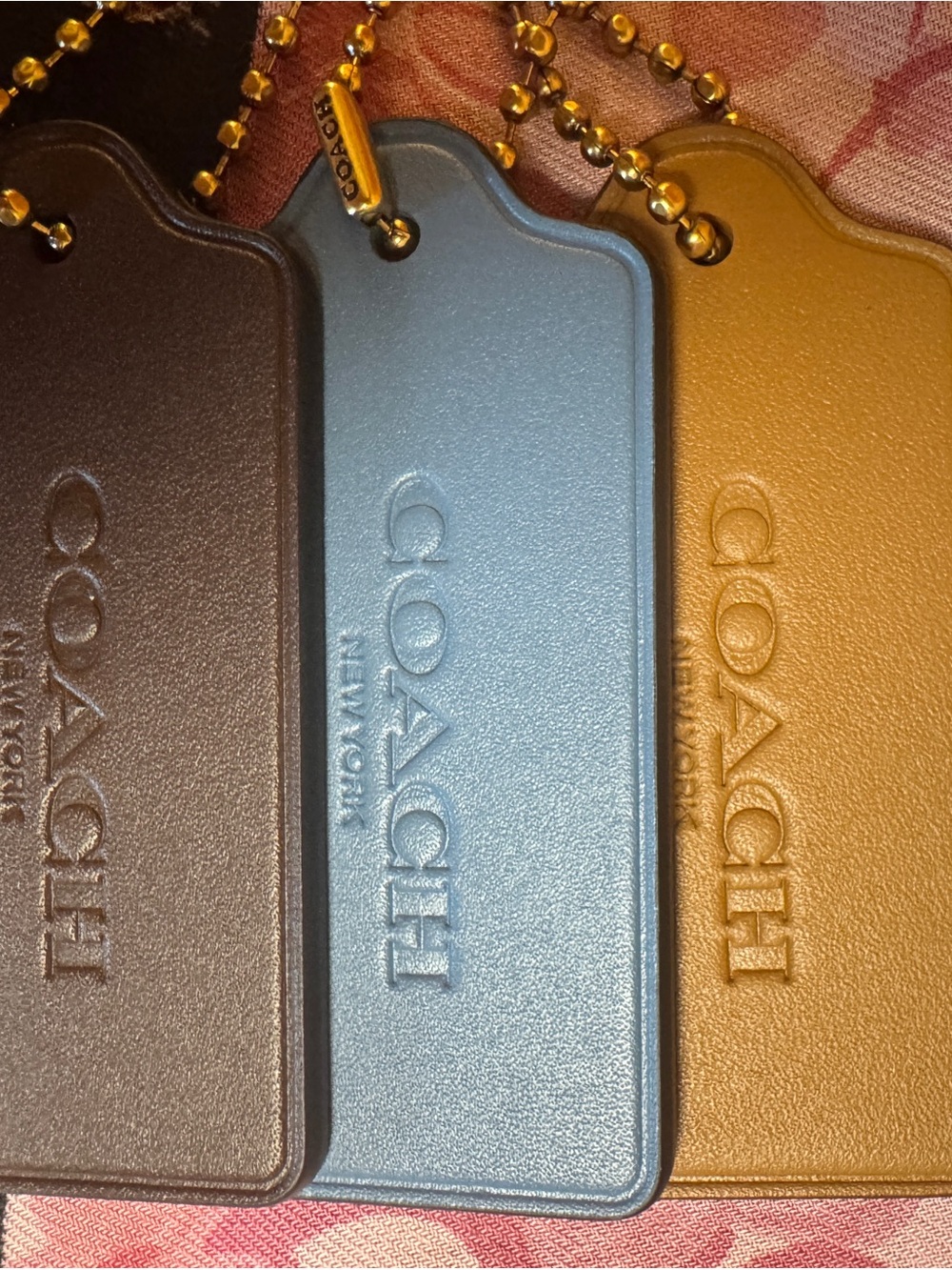 COACH Leather Bag Tags — Tan, Blue, Brown